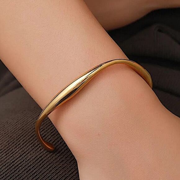 Gold Irregular Bangle Cuff Bracelet, Geometric, Asymmetric - Picture 5 of 15